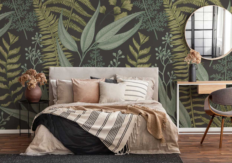 Dark Botanical Leaves Wall Mural