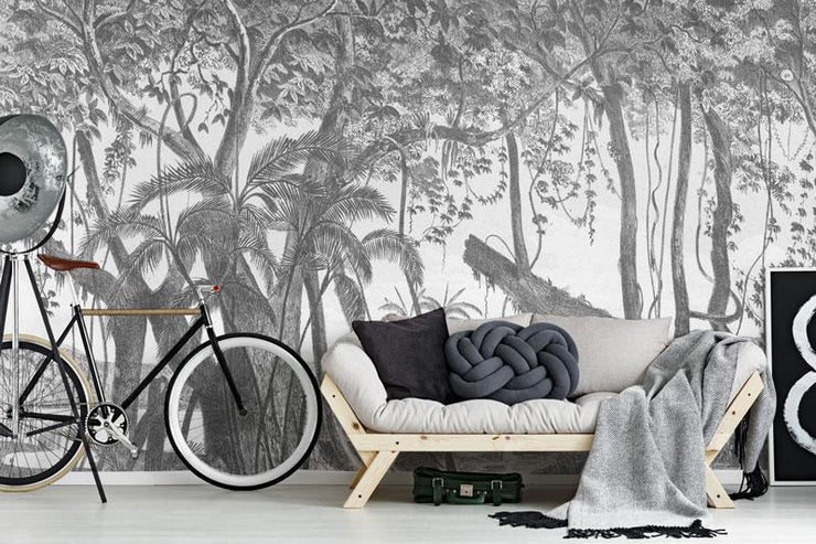Vintage Jungle Wall Mural-Black & White,Landscapes & Nature-Eazywallz
