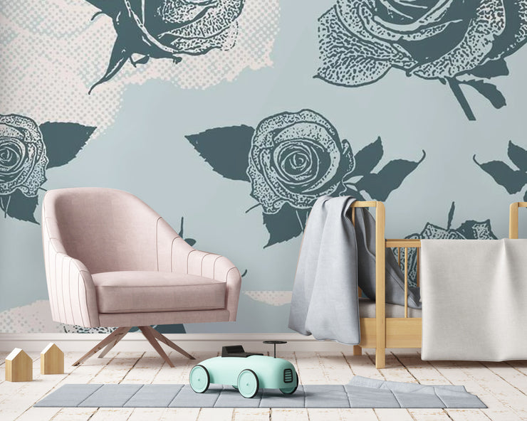 Blue Roses Pattern Wall Mural